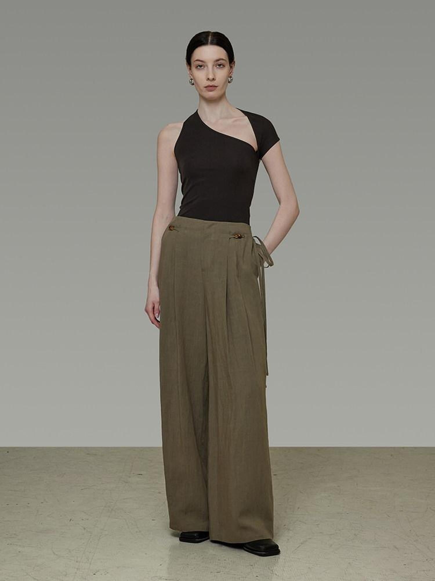 unspoken Soft Lyocell Asymmetric Neck Fitted Stone Green Off Shoulder Crop Tops