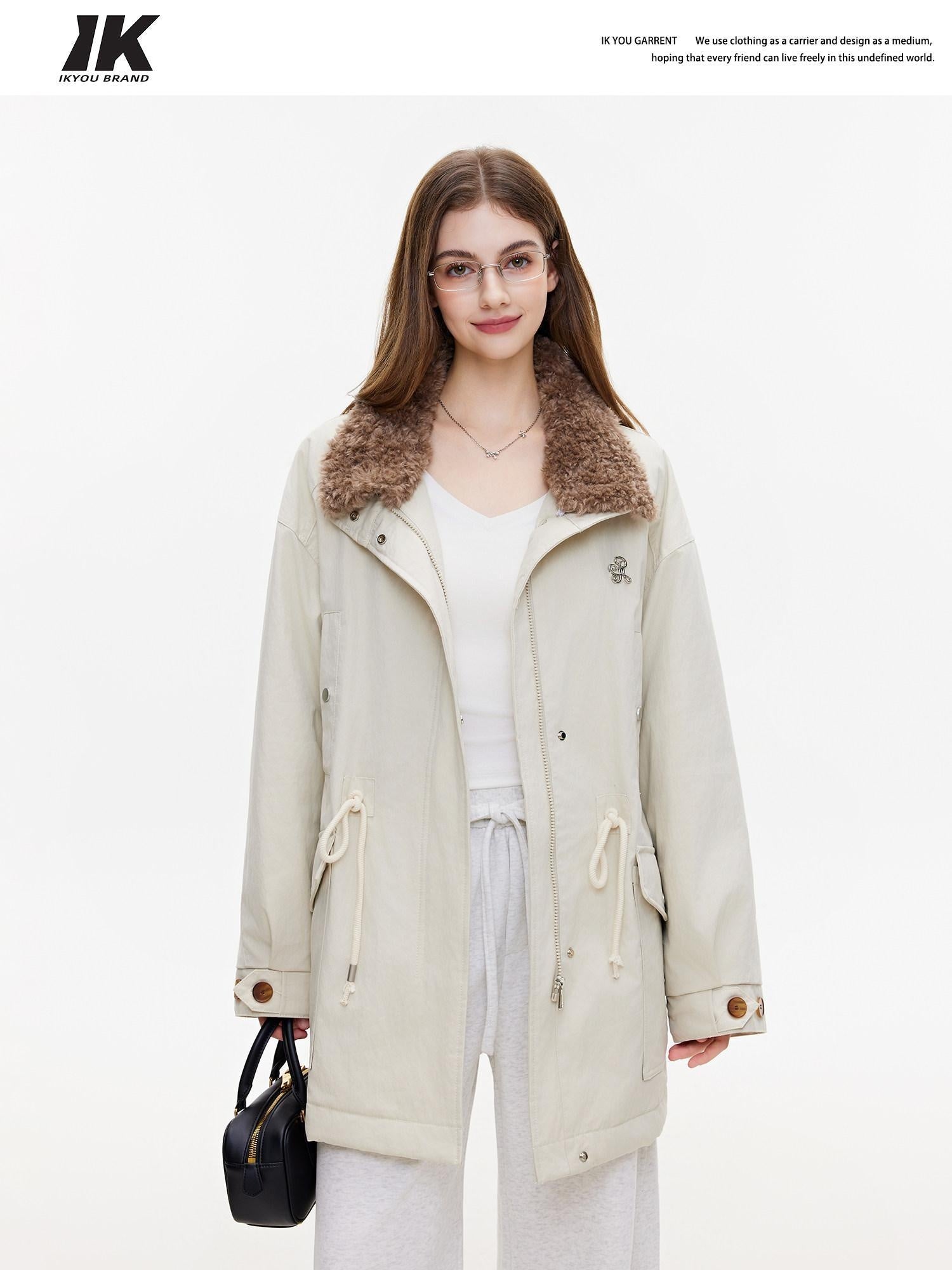 ikyou Insulated Cotton Pocketed Midlength Korean Commuter Light Khaki Down Jackets