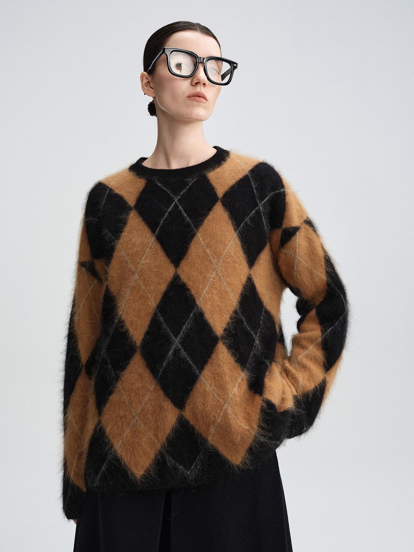 audreyyang Thick Wool Cashmere Vintage Straight Fit Brown Diamond Knit Women Sweaters