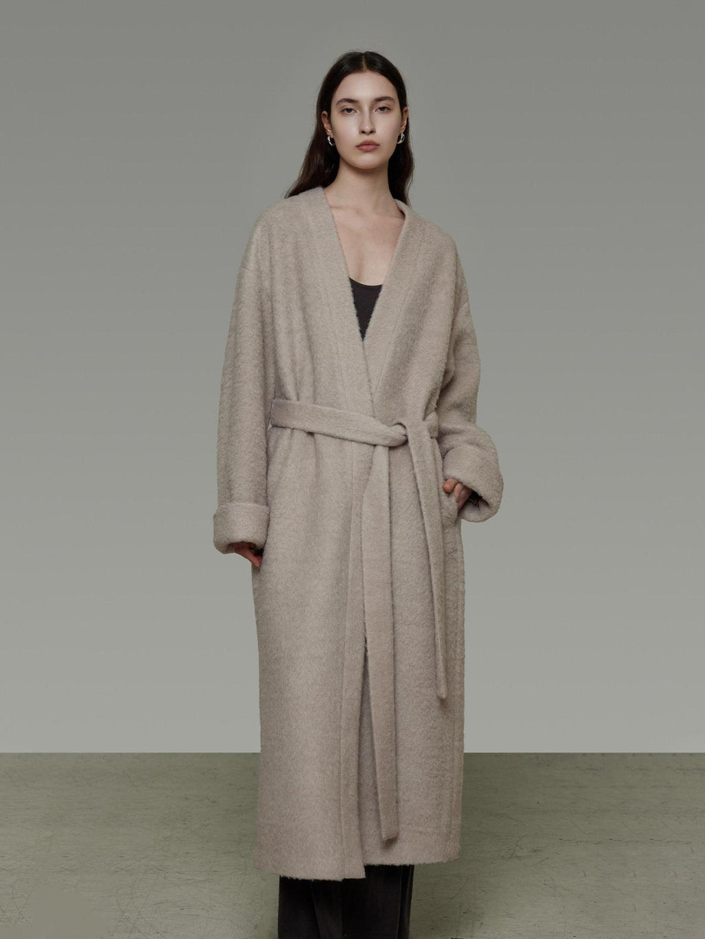 unspoken Cozy Sheepswool Belted Loose Fit Minimal Office V-neck Mid Length Wool Coats