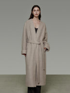 unspoken Cozy Sheepswool Belted Loose Fit Minimal Office V-neck Mid Length Wool Coats