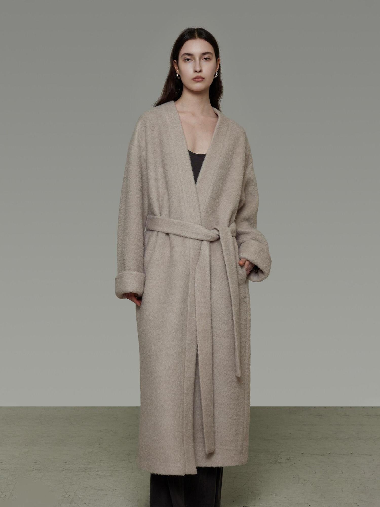 unspoken Cozy Sheepswool Belted Loose Fit Minimal Office V-neck Mid Length Wool Coats