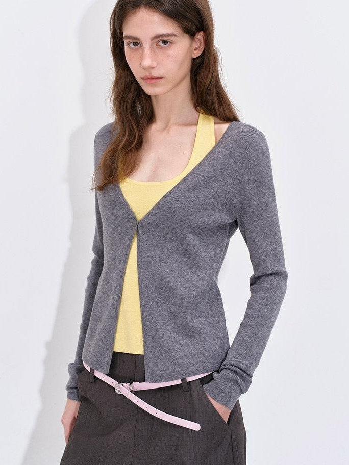 fano Soft Breathable Korean V-neck Slim Faux Layered Colorblock Cardigans