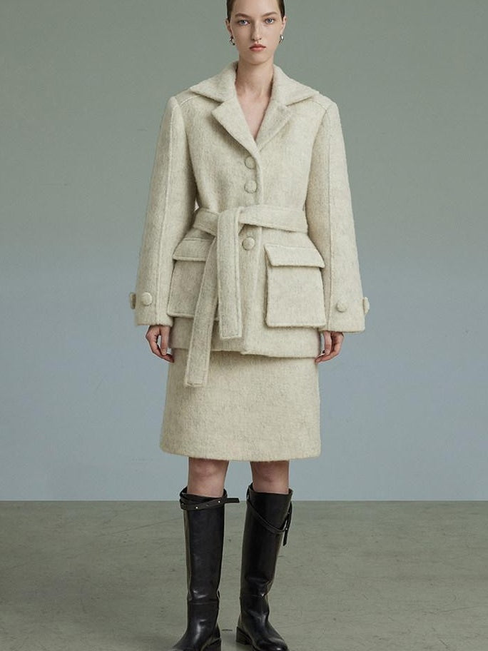 unspoken Porcelain White Wool Blend Minimal Office Single Breasted Notch Top & Skirt Sets