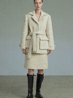 unspoken Porcelain White Wool Blend Minimal Office Single Breasted Notch Top & Skirt Sets