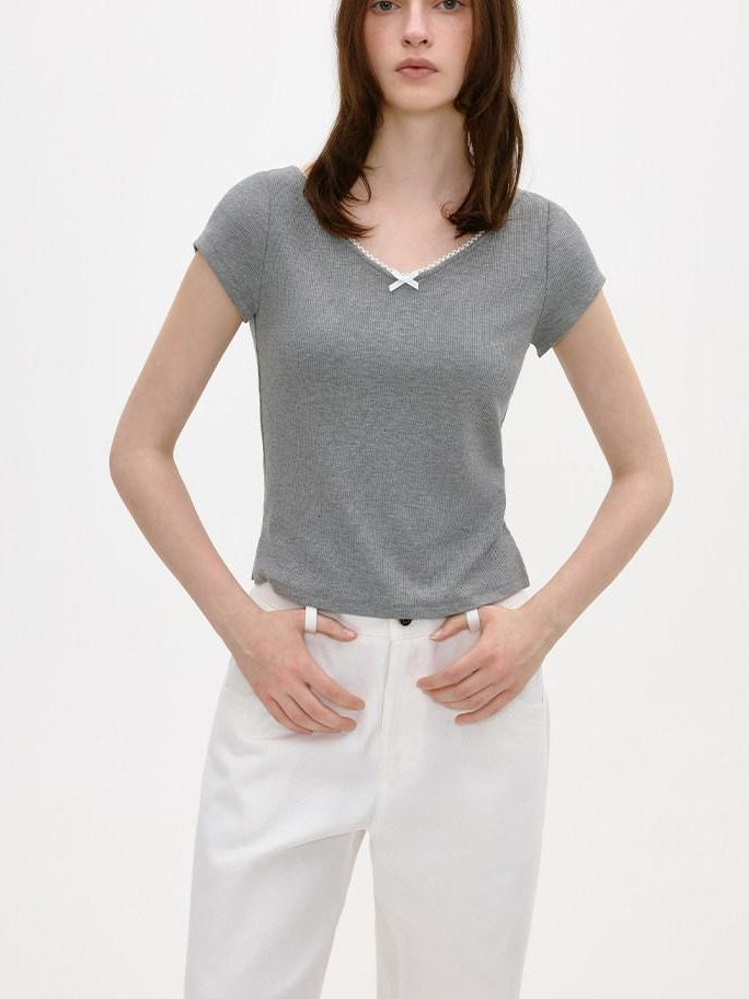 fano Soft V-neck Stretch Slim Fit Korean Office Short Sleeve Grey Basic Crop Tops