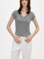 fano Soft V-neck Stretch Slim Fit Korean Office Short Sleeve Grey Basic Crop Tops
