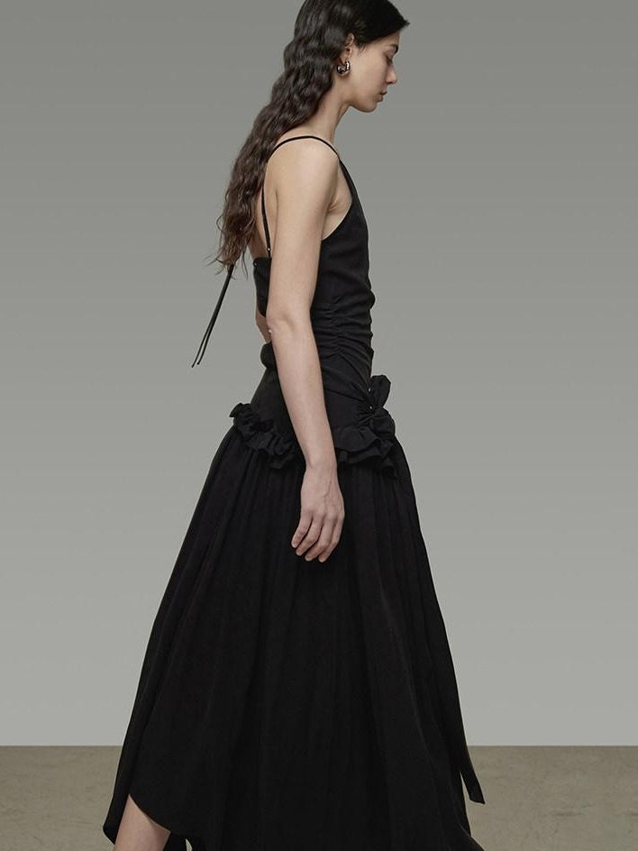 unspoken Ultra Soft Tencel A Line Cinched Waist Minimalist Commuter Black Maxi Dresses