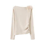 someonesometimes 3D Embellished Asymmetrical Neck Slim Crop Knit Wool Blend Sweaters