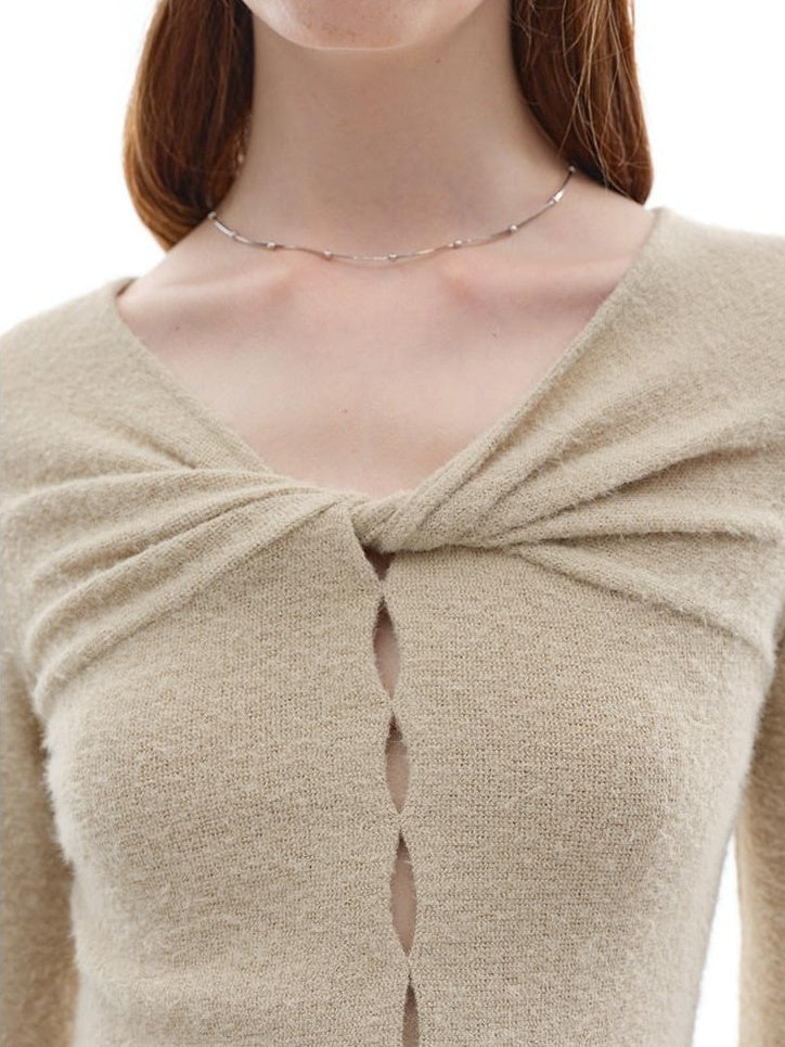 someonesometimes Soft Stretch V-neck Cutout Slim Fit Knit For Women Apricot Long Sleeve T-Shirts