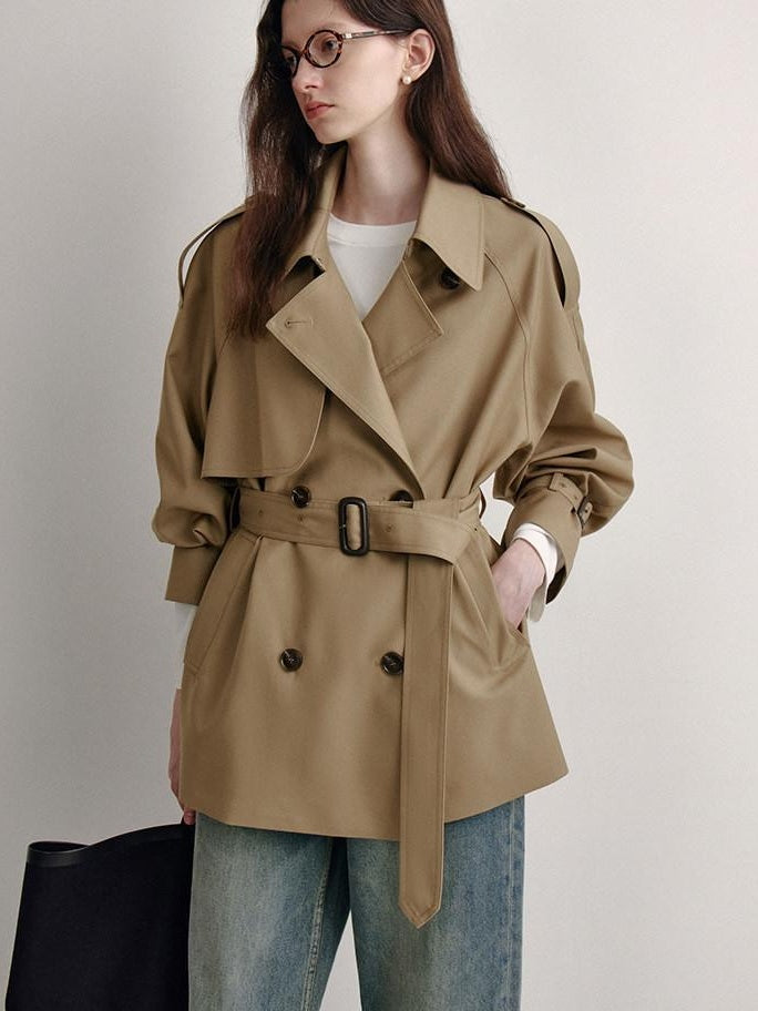 fano Double Breasted Button Front Minimal Commuter Straight Women Khaki Short Coat