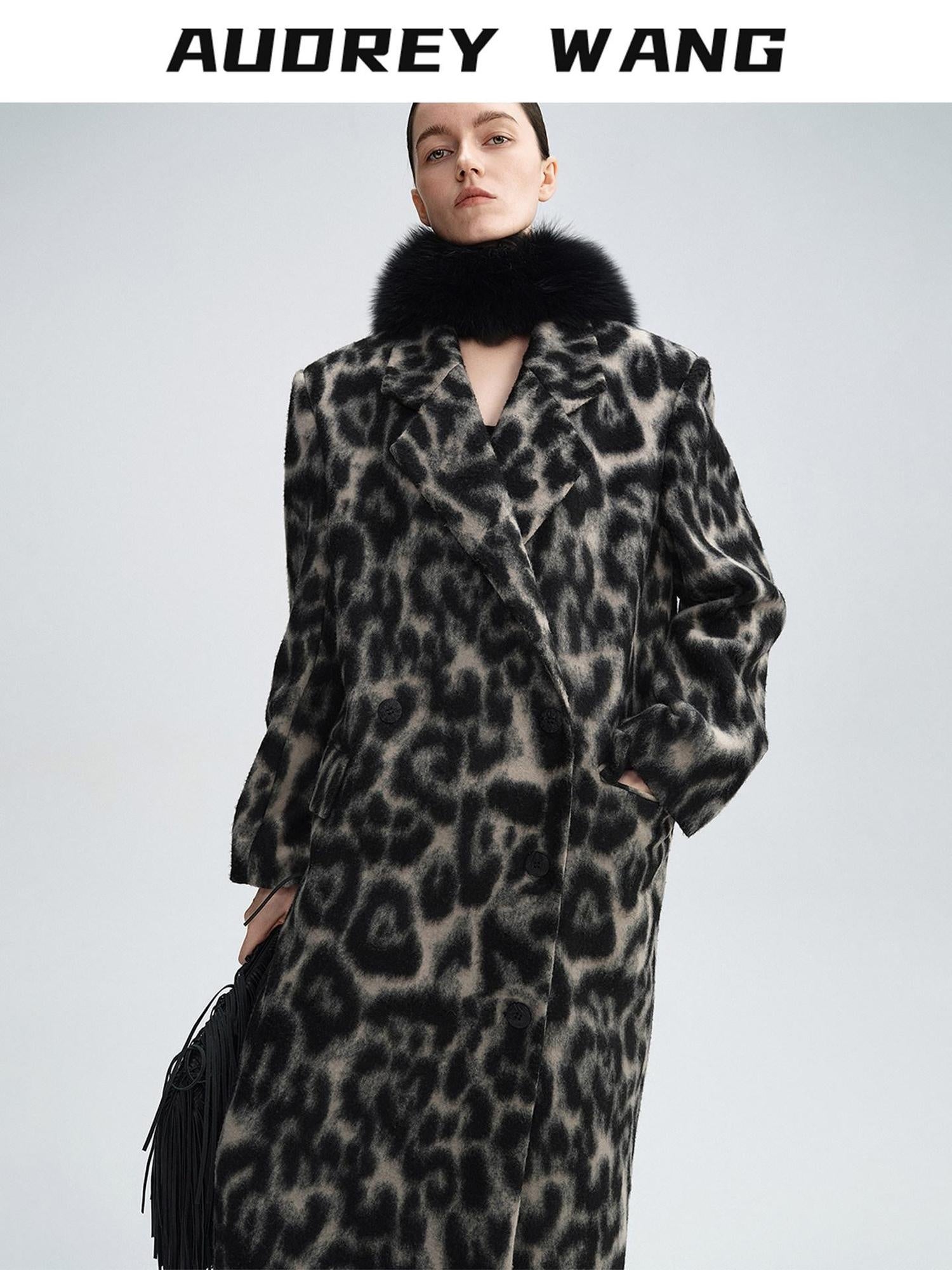 audreyyang Thick Wool Blend Retro Loose Leopard Double Breasted Lapel Long Coats