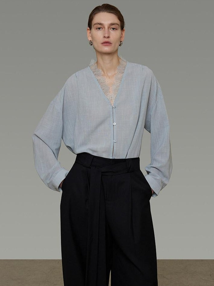 unspoken Breathable Lace V-neck Loose Fit Office Women Button Long Sleeve Blouses