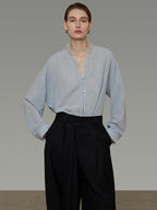 unspoken Breathable Lace V-neck Loose Fit Office Women Button Long Sleeve Blouses
