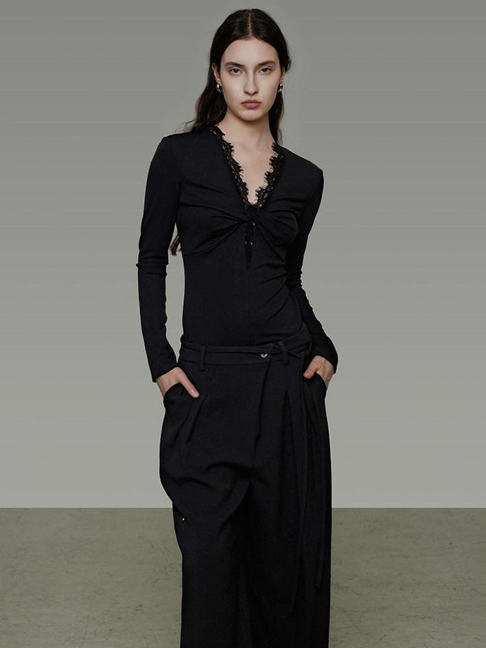 unspoken Breathable Lyocell Lace Slim Fit V-neck Long Sleeve Women Black Blouses