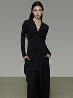 unspoken Breathable Lyocell Lace Slim Fit V-neck Long Sleeve Women Black Blouses