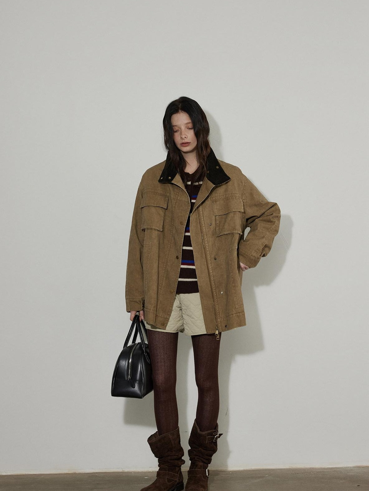 Lofi choose Warm Insulated Oversized Commuter Stand Collar Sand Brown Zip Puffer Jackets