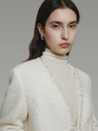 unspoken Soft Ivory Wool Blend Tailored Slim V-neck Long Sleeve Commuter Cardigans