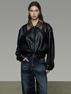 unspoken Commuter Loose Cropped Colorblock Patchwork Lapel Zipper Leather Jackets
