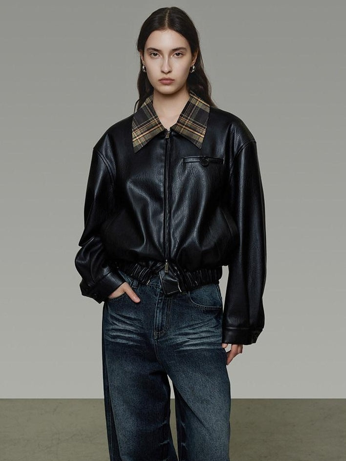 unspoken Commuter Loose Cropped Colorblock Patchwork Lapel Zipper Leather Jackets