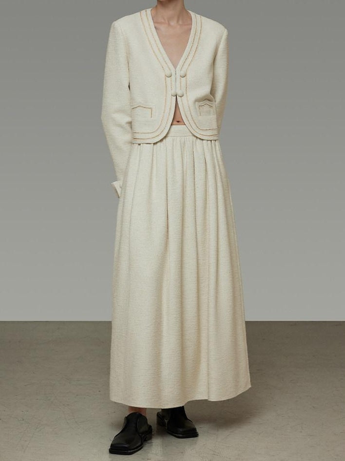 unspoken Cropped V-neck Blazer Tailored Slim High Waist Cotton Office Top & Skirt Sets