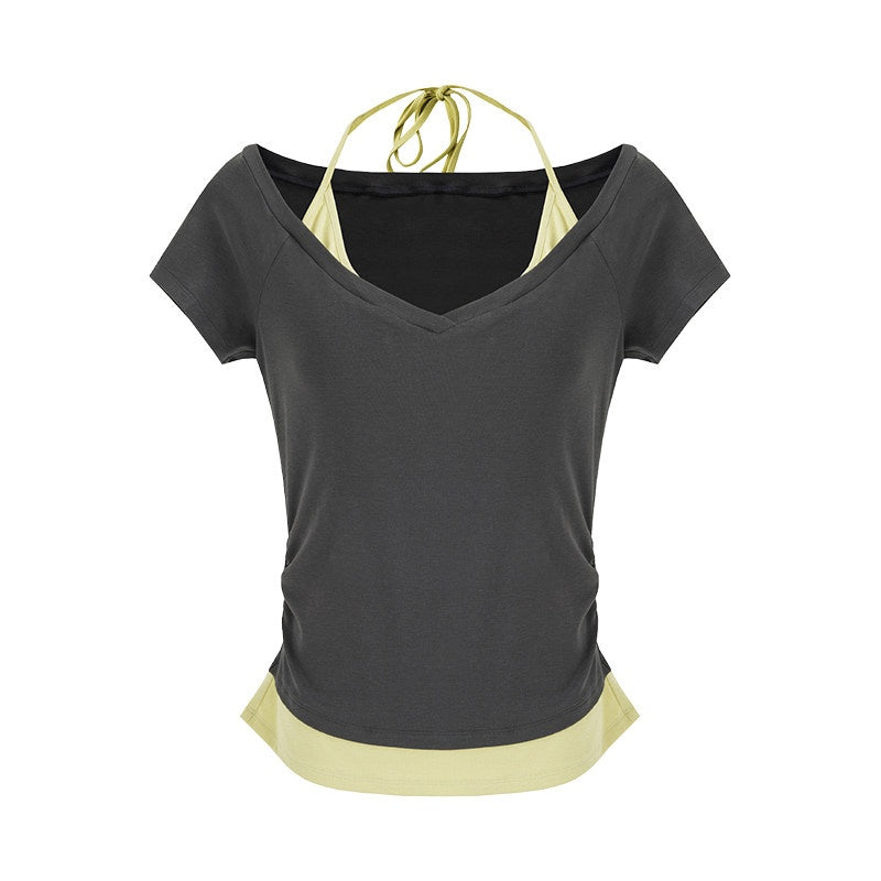 unspoken_Moisture_Wicking_Lyocell_Slim_V-neck_Patchwork_Grey_Green_Halter_Crop_Tops_MISSTT