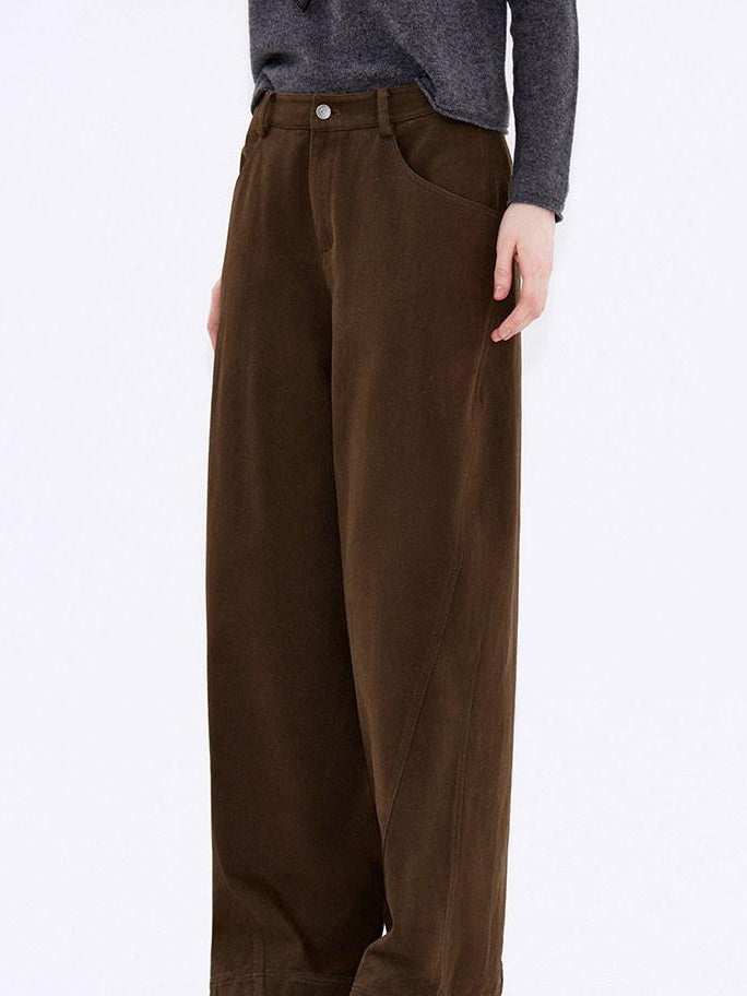 fano Warm Brushed Cotton Relaxed Straight Pocketed Natural Waist Brown Wide Leg Pants