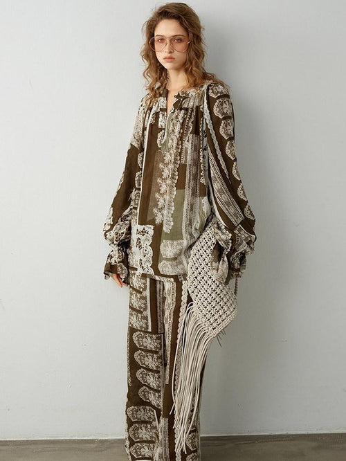 audreyyang Casual Loose V-neck Long Sleeve Printed Button Eco Viscose Ramie Women Blouses
