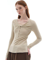 someonesometimes Soft Stretch V-neck Cutout Slim Fit Knit For Women Apricot Long Sleeve T-Shirts