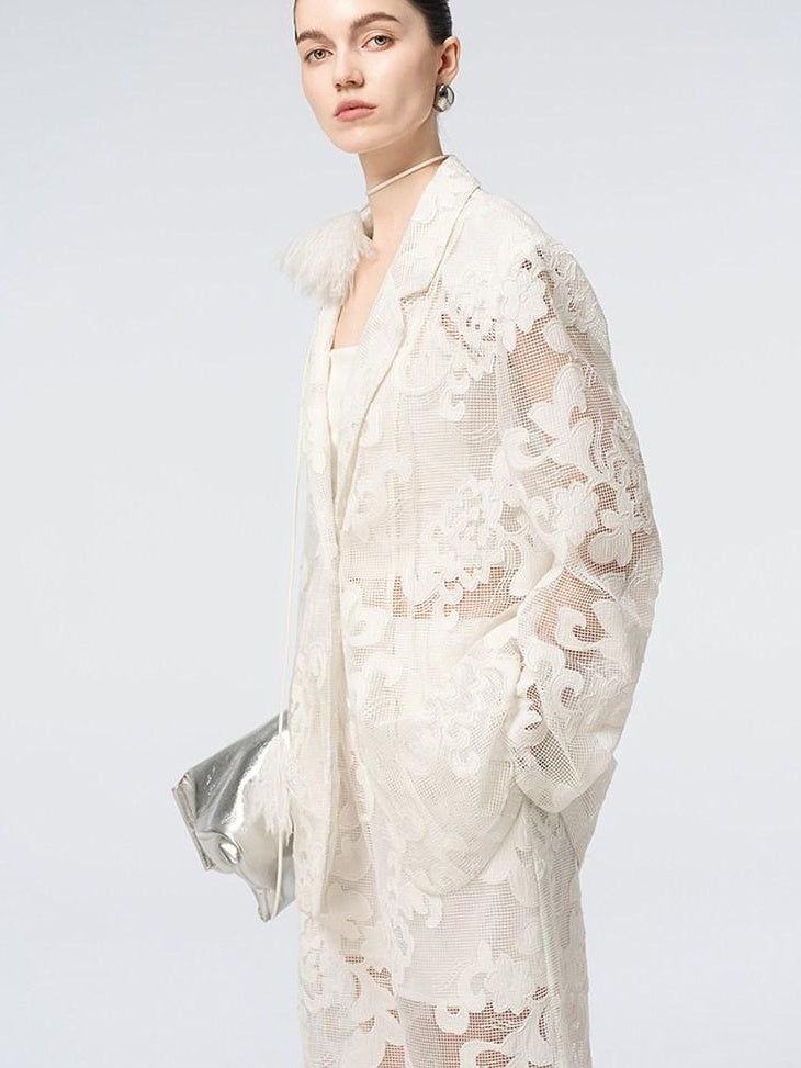 audreyyang Cotton Hollowout Loose Notched Lapel Workwear Women White Suit Top & Pants Sets
