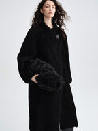 audreyyang Warm Thick Vintage Loose Fit Stand Collar Lambswool Trim Women Black Wool Coats