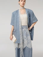 audreyyang Pure Linen Lightweight Relaxed Fit Lace Detail Commuter Women Wide Leg Pants