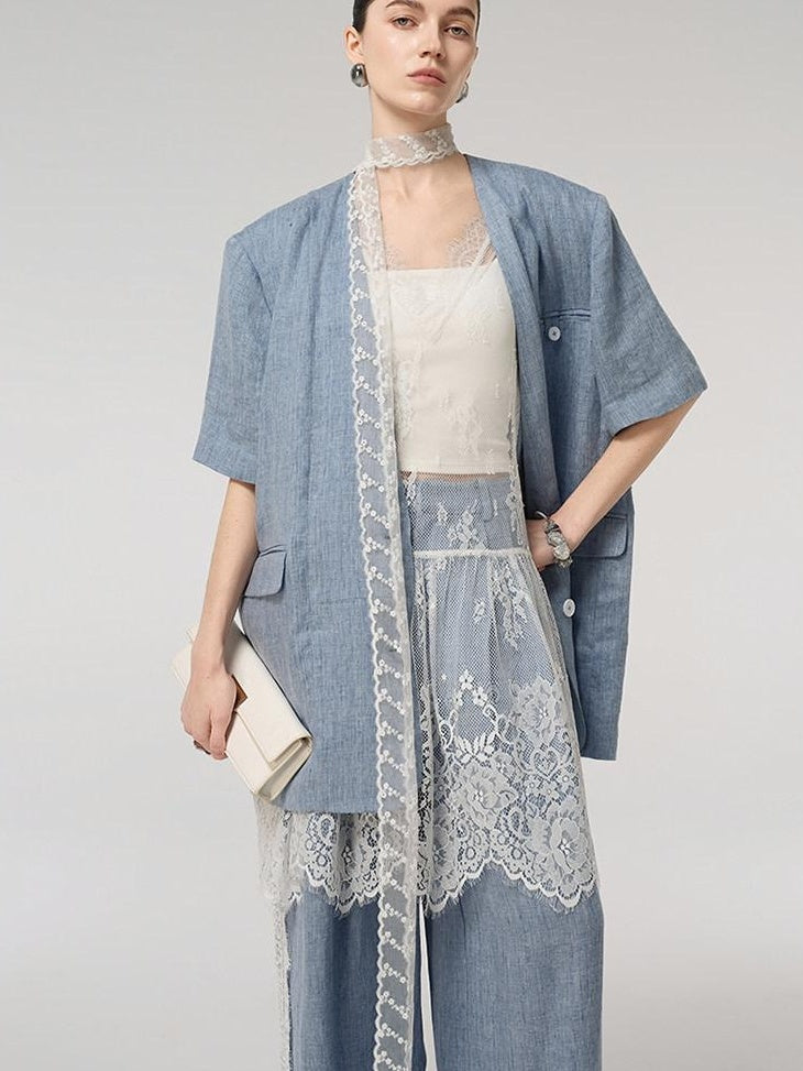 audreyyang Pure Linen Lightweight Relaxed Fit Lace Detail Commuter Women Wide Leg Pants
