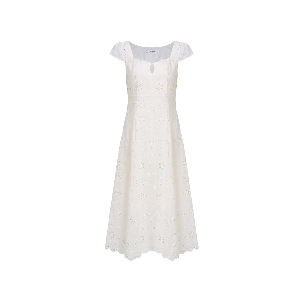 fano_Breathable_Cotton_A_Line_Square_Neck_Short_Sleeve_Work_White_Maxi_Dresses_MISSTT