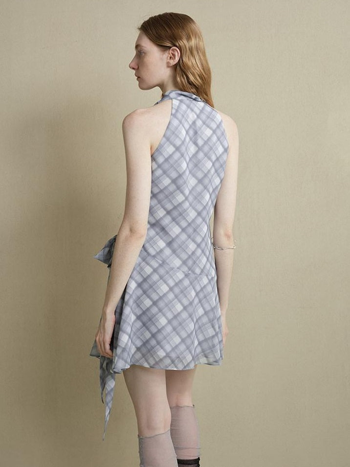 someonesometimes Lightweight Halter Tie Plaid Office Regular Fit Cornflower Blue Midi Dresses