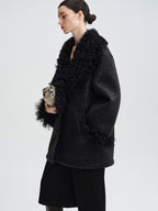 audreyyang Warm Wool Patch Retro Loose Lapel Midlength Women Lambswool Collar Long Coats