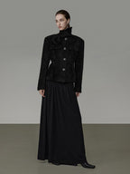 unspoken Slimming French Slim Fit Waist Cinch Stand Collar Black Nylon Women Short Coat