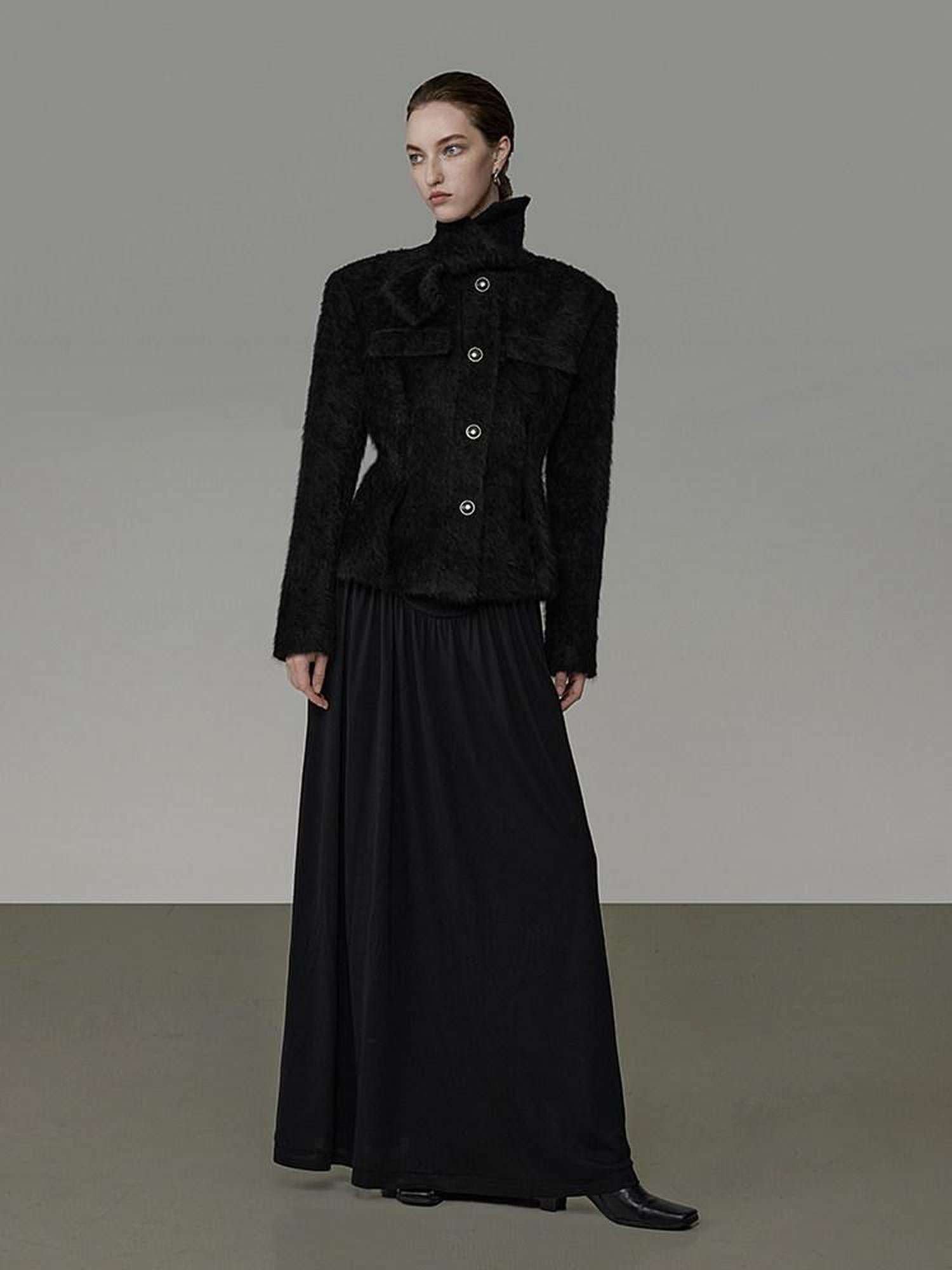 unspoken Slimming French Slim Fit Waist Cinch Stand Collar Black Nylon Women Short Coat