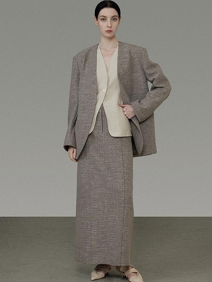 unspoken Minimalist Heather Gray Loose Fit Longsleeve Office Polyester Top & Skirt Sets