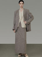 unspoken Minimalist Heather Gray Loose Fit Longsleeve Office Polyester Top & Skirt Sets