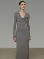 unspoken Soft Breathable Vneck Longsleeve Waist Cinch Viscose Knit Maxi Dresses