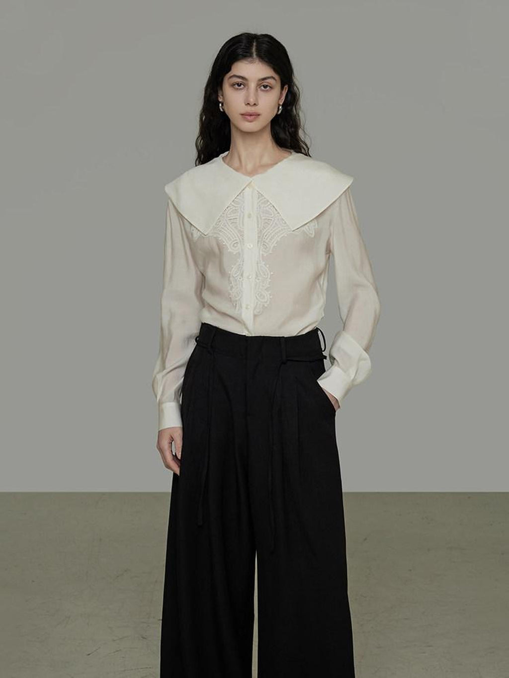 unspoken Lyocell Embroidered Doll Collar Loose Fit Women White Button Long Sleeve Blouses