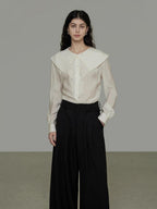 unspoken Lyocell Embroidered Doll Collar Loose Fit Women White Button Long Sleeve Blouses
