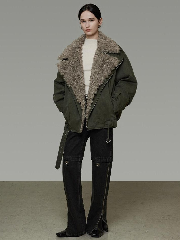 unspoken Thick Cotton Loose Fit Patchwork Commuter Zipper Dark Green Puffer Jackets