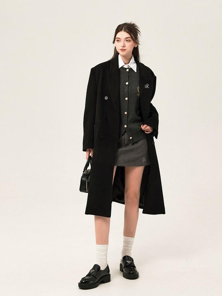 ikyou Wool Blend Double Breasted Straight Mid Length Office Tailored Black Long Coats