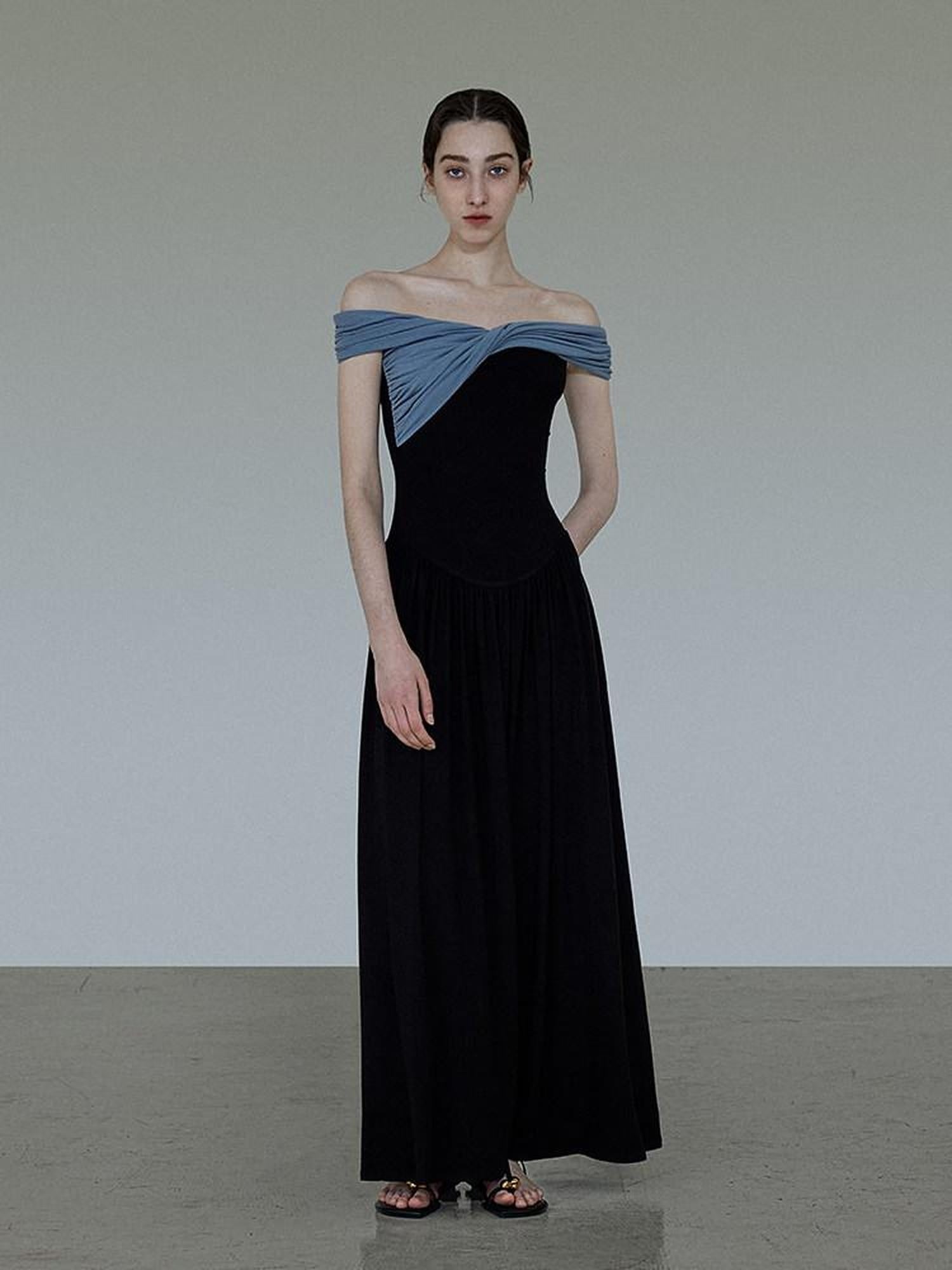 unspoken High Waist Colorblock V-neck A Line Viscose Knit Casual Women Maxi Dresses