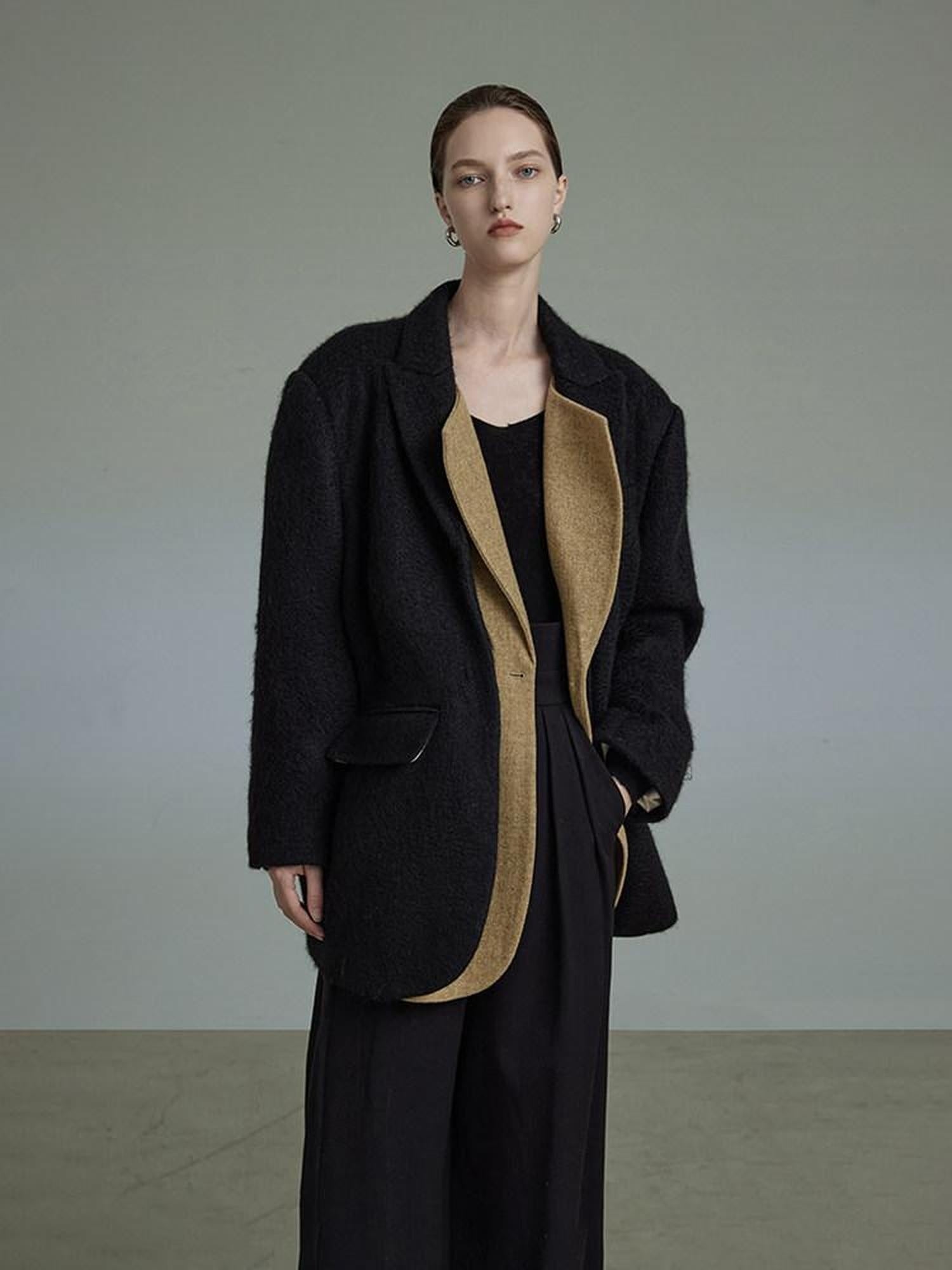 unspoken Original Thick Loose Fit Single Breasted Commuter Women Mustard Black Blazers