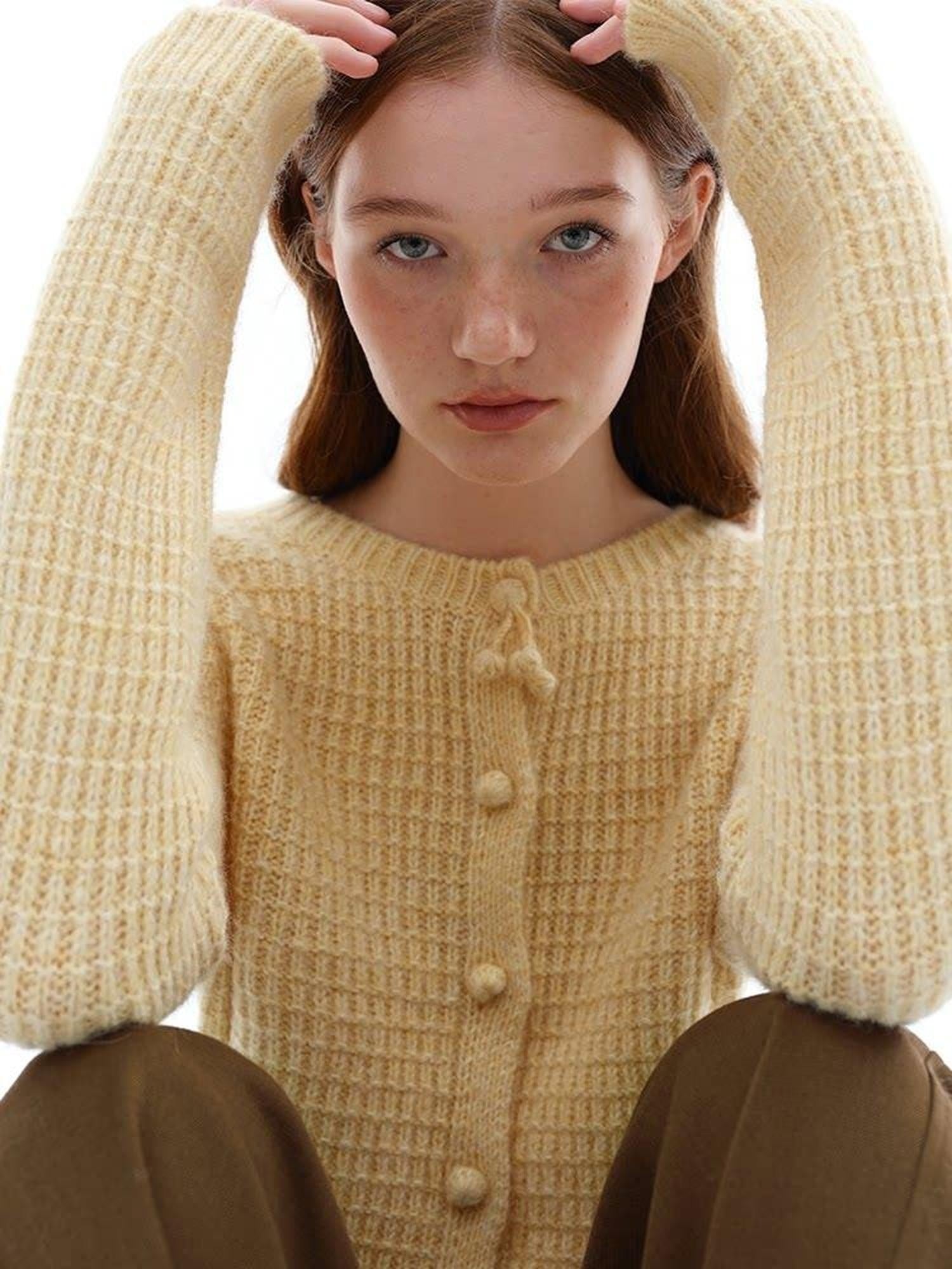 someonesometimes Soft Alpaca Blend Commuter Artsy Crew Neck Button Long Sleeve Cream Cardigans