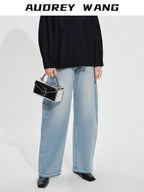 audreyyang High Waist Water Washed Light Blue Zipper Fly No Stretch Women Wide Leg Jeans