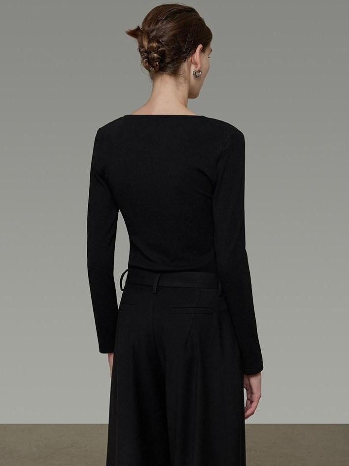 unspoken Viscose Knit Casual Slim Lace Trim Women V-neck Long Sleeve Black Blouses